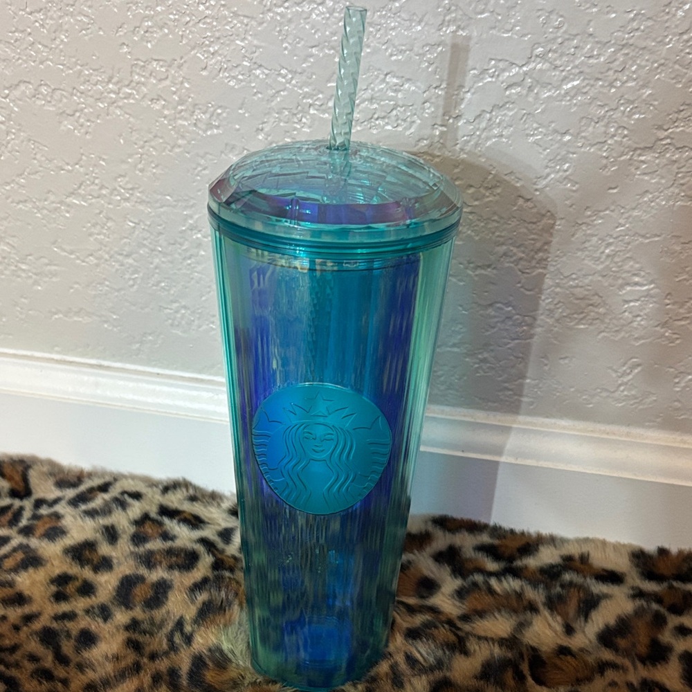 24oz Starbucks Iridescent Blue Tumbler with Straw